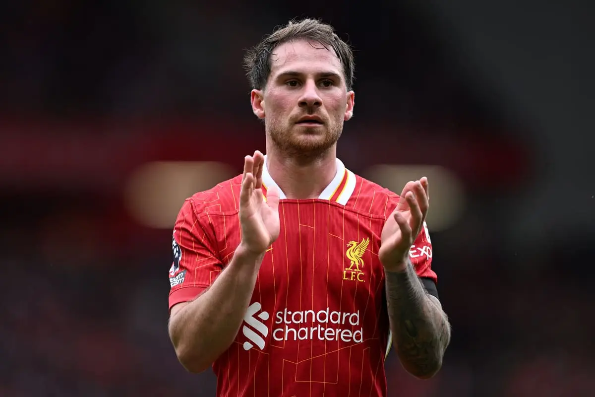 LIVERPOOL, ENGLAND - APRIL 13: Alexis Mac Allister of Liverpool claps the fans during the Premier League match between Liverpool FC and West Ham United FC at Anfield on April 13, 2025 in Liverpool, England. (Photo by Justin Setterfield/Getty Images).