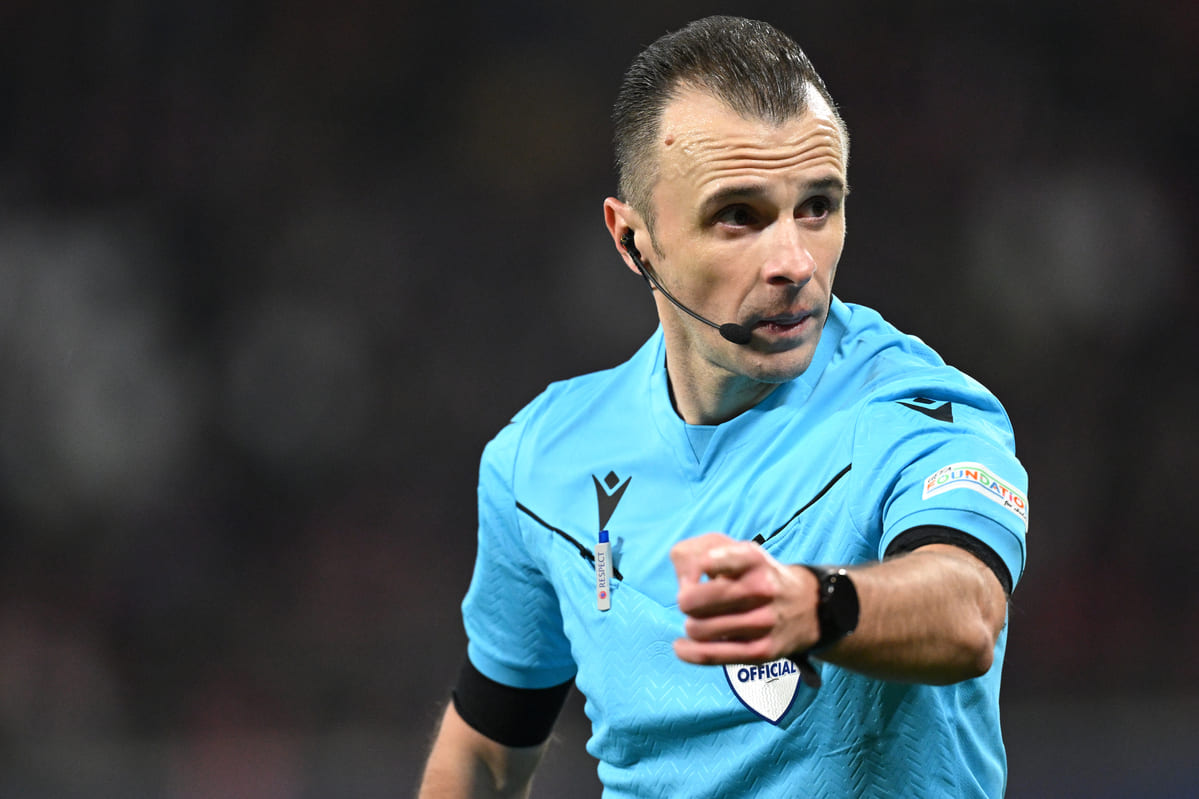 LEIPZIG, GERMANY - FEBRUARY 13: Referee Irfan Peljto gestures during the UEFA Champions League 2023/24 round of 16 first leg match between RB Leipzig and Real Madrid CF at Red Bull Arena on February 13, 2024 in Leipzig, Germany. (Photo by Stuart Franklin/Getty Images)
