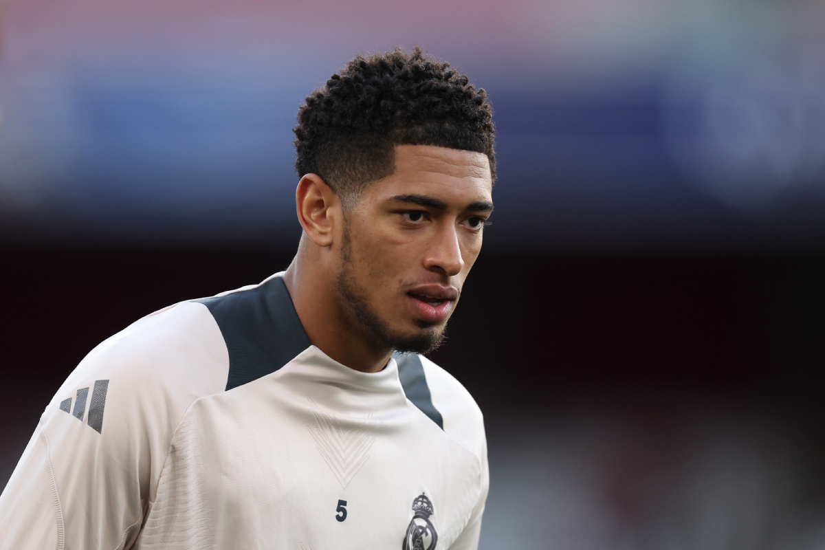 LONDON, ENGLAND - APRIL 07: Jude Bellingham of Real Madrid looks on during a training session and press conference ahead of their UEFA Champions League 2024/25 quarter final first leg match at Emirates Stadium on April 07, 2025 in London, England. (Photo by Alex Davidson/Getty Images)