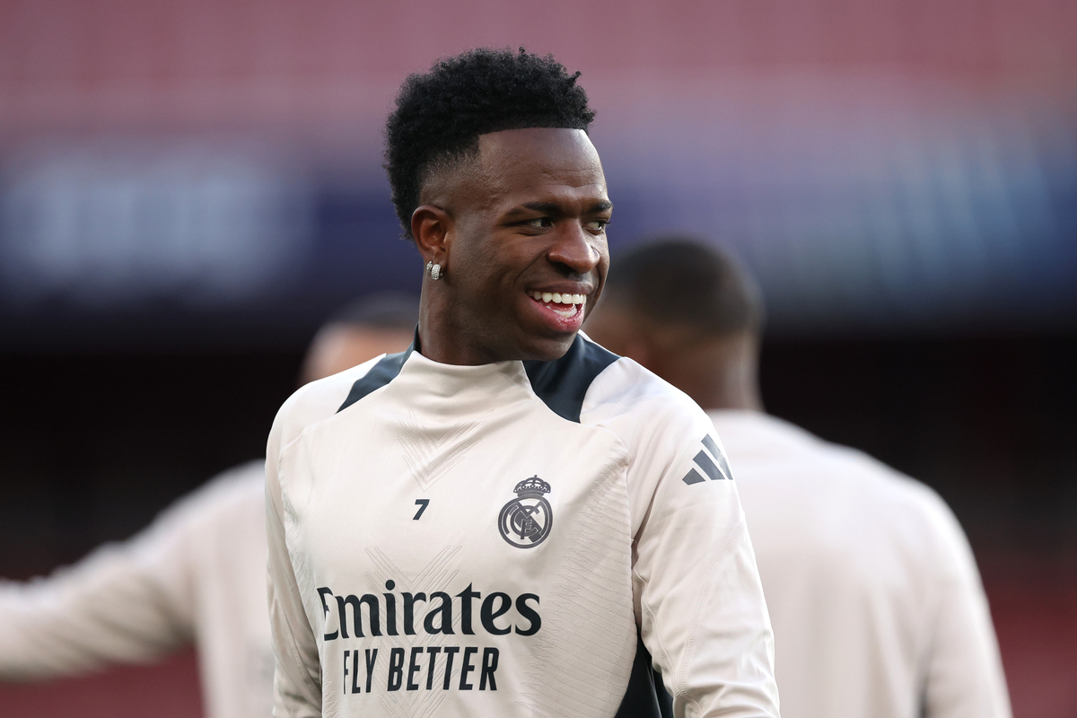 LONDON, ENGLAND - APRIL 07: Vinicius Junior of Real Madrid reacts during a training session ahead of their UEFA Champions League 2024/25 quarter final first leg match at Sobha Realty Training Centre on April 07, 2025 in London Colney, England. (Photo by Alex
