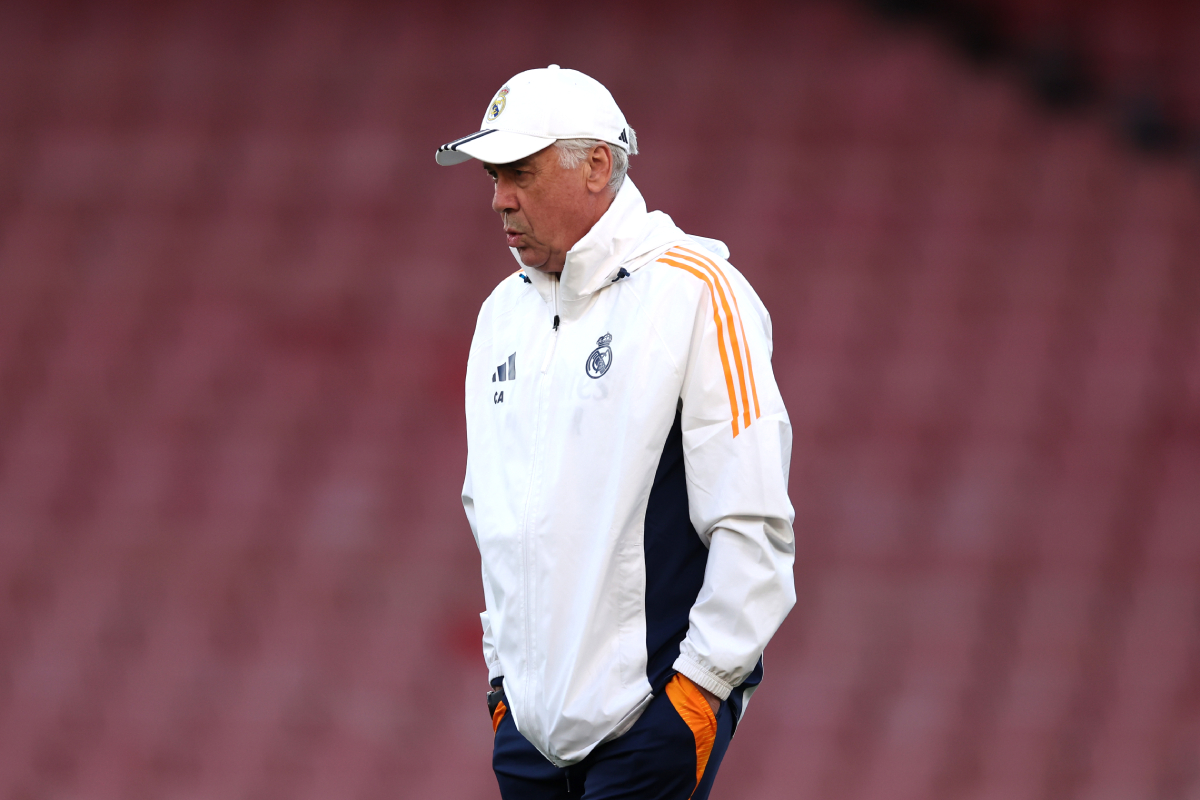 LONDON, ENGLAND - APRIL 07: Carlo Ancelotti, Head Coach of Real Madrid, looks on during a training session ahead of their UEFA Champions League 2024/25 quarter final first leg match at Emirates Stadium on April 07, 2025 in London, England. (Photo by Alex Davidson/Getty Images)