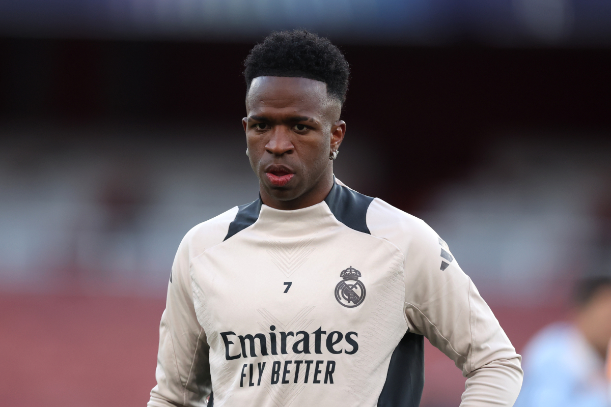 LONDON, ENGLAND - APRIL 07: Vinicius Junior of Real Madrid looks on during a training session ahead of their UEFA Champions League 2024/25 quarter final first leg match at Emirates Stadium on April 07, 2025 in London, England. (Photo by Alex Davidson/Getty Images)