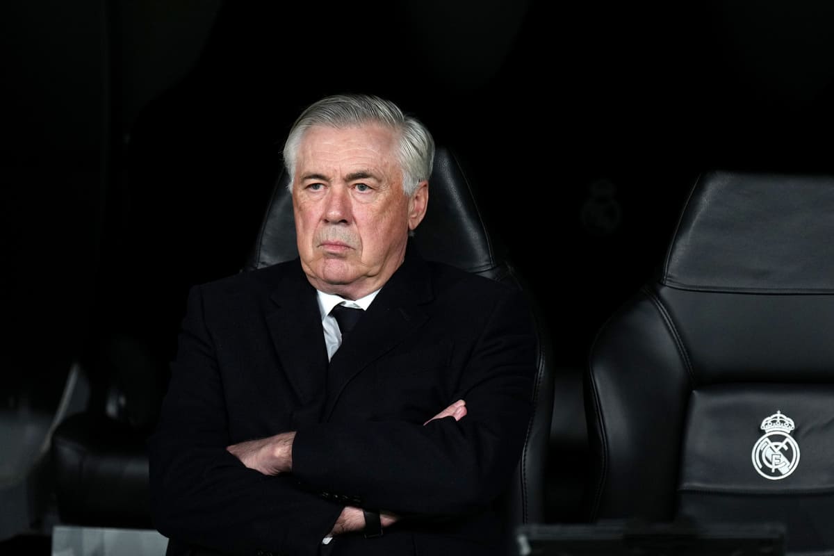 MADRID, SPAIN - APRIL 16: Carlo Ancelotti, Head Coach of Real Madrid, looks on prior to the UEFA Champions League 2024/25 Quarter Final Second Leg match between Real Madrid C.F. and Arsenal FC at Estadio Santiago Bernabeu on April 16, 2025 in Madrid, Spain. (Photo by Angel Martinez/Getty Images).