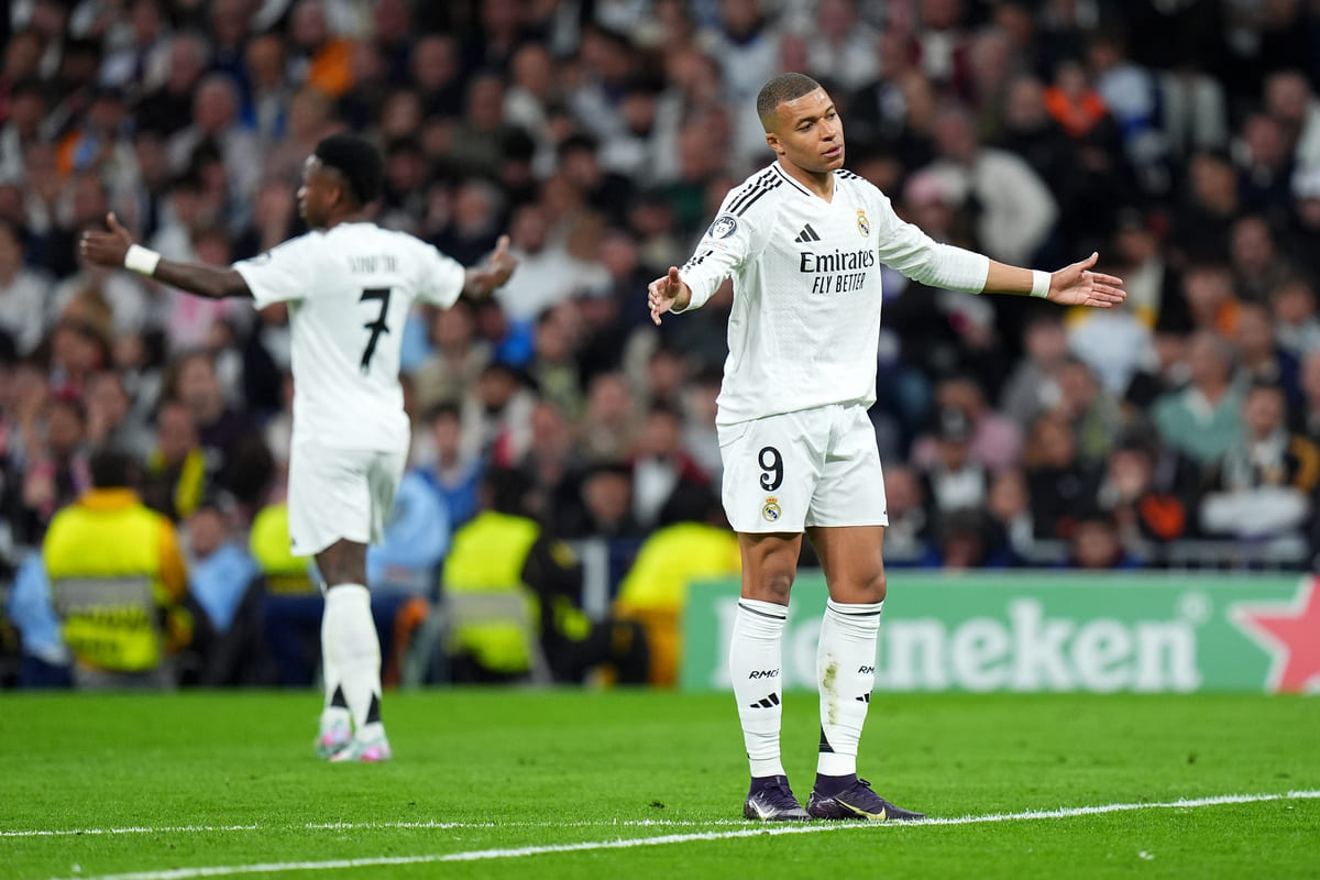 MADRID, SPAIN - APRIL 16: Kylian Mbappe of Real Madrid reacts during the UEFA Champions League 2024/25 Quarter Final Second Leg match between Real Madrid C.F. and Arsenal FC at Estadio Santiago Bernabeu on April 16, 2025 in Madrid, Spain. (Photo by Angel Martinez/Getty Images)