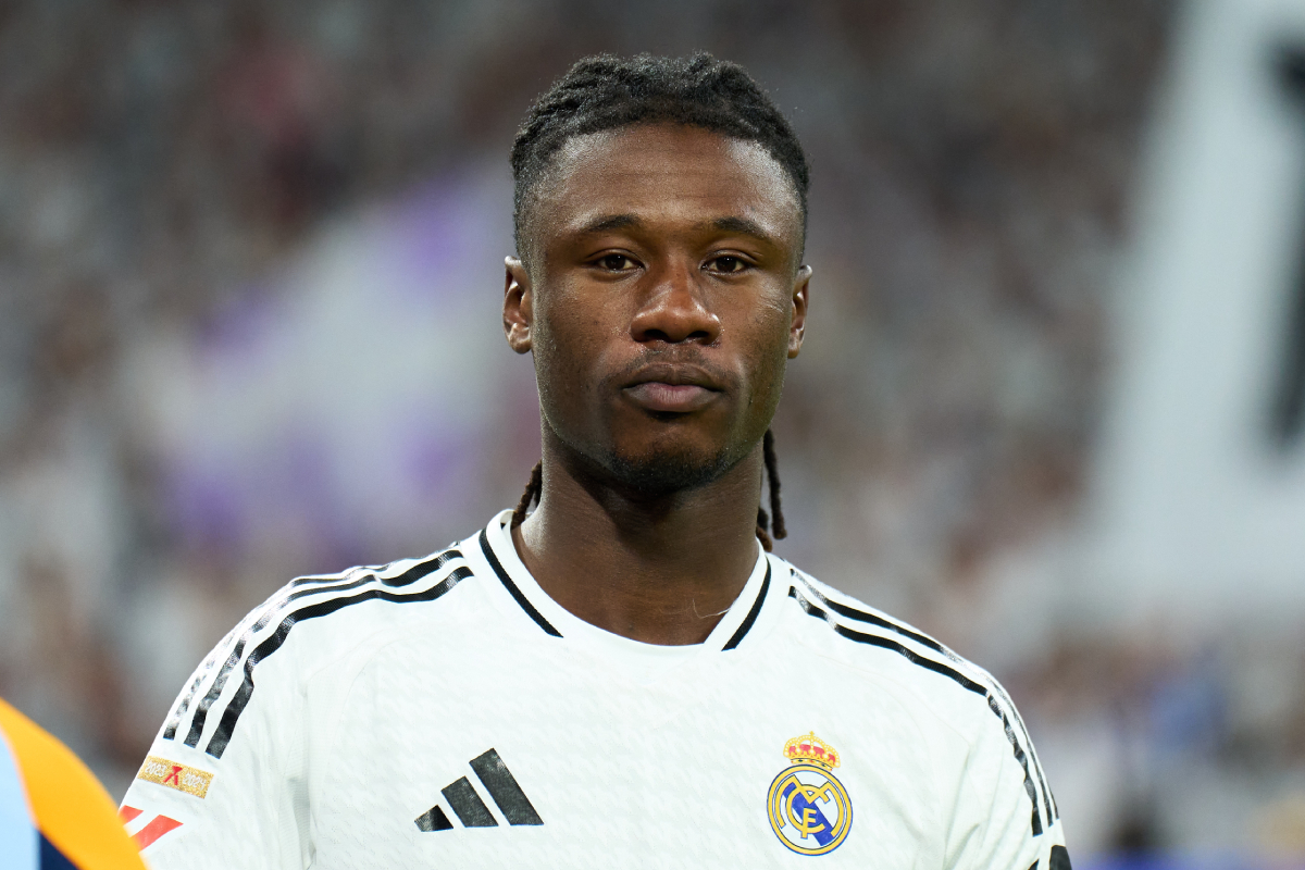 MADRID, SPAIN - MARCH 29: Eduardo Camavinga of Real Madrid looks on prior to the LaLiga match between Real Madrid CF and CD Leganes at Estadio Santiago Bernabeu on March 29, 2025 in Madrid, Spain. (Photo by Angel Martinez/Getty Images)