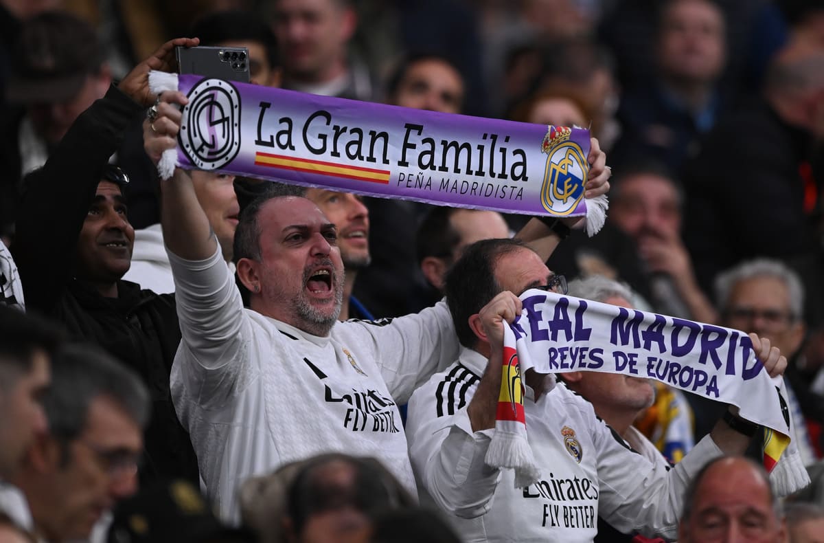 MADRID, SPAIN - APRIL 05: Real Madrid fans show their support during the LaLiga match between Real Madrid CF and Valencia CF at Estadio Santiago Bernabeu on April 05, 2025 in Madrid, Spain. (Photo by Denis Doyle/Getty Images).