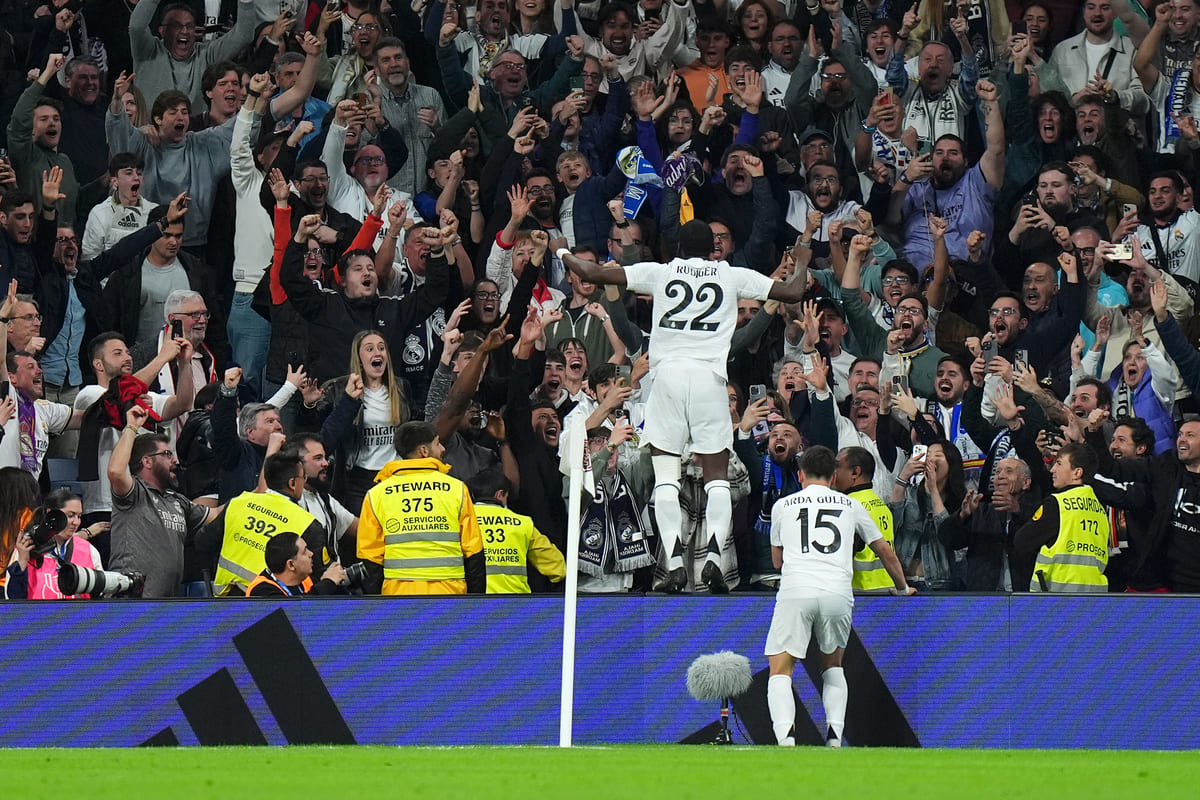 MADRID, SPAIN - APRIL 01: Antonio Rudiger of Real Madrid celebrates after scoring his teams fourth goal during the Copa del Rey semifinal match between Real Madrid and Real Sociedad at Estadio Santiago Bernabeu on April 01, 2025 in Madrid, Spain. (Photo by Angel Martinez/Getty Images)