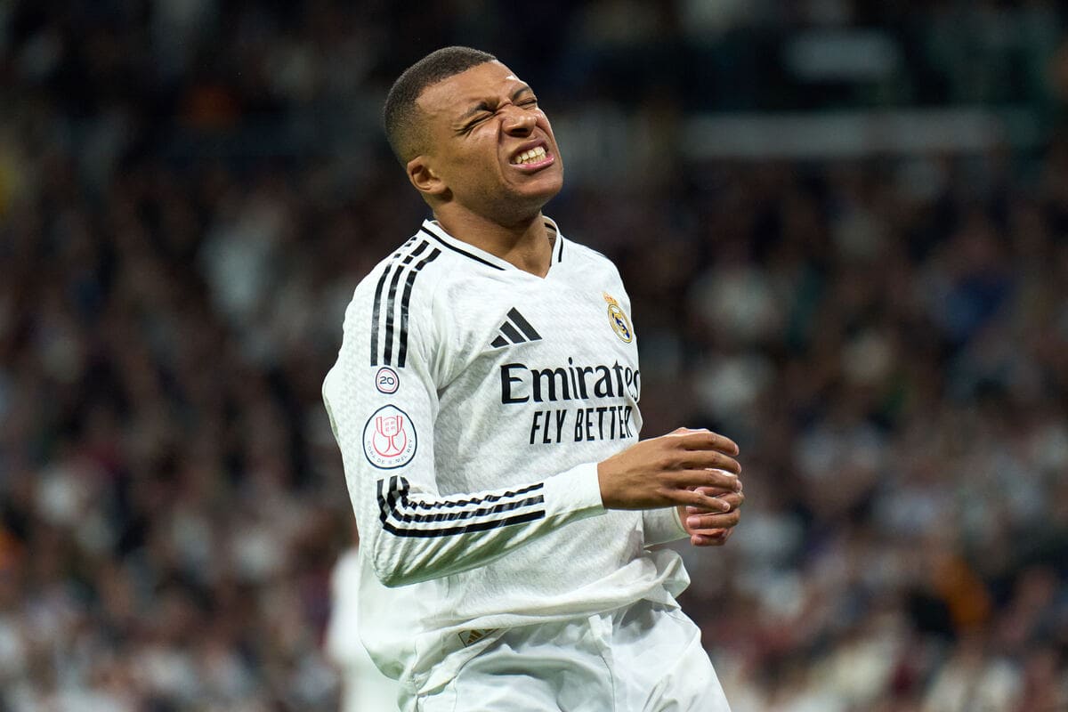 MADRID, SPAIN - APRIL 01: Kylian Mbappe of Real Madrid reacts during the Copa del Rey semifinal match between Real Madrid and Real Sociedad at Estadio Santiago Bernabeu on April 01, 2025 in Madrid, Spain. (Photo by Angel Martinez/Getty Images)