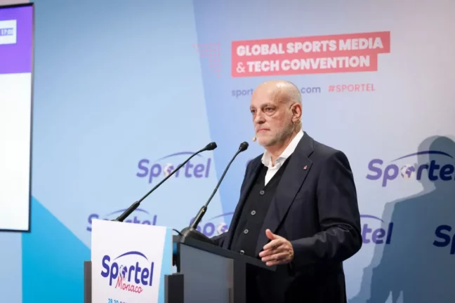 MONACO, MONACO - OCTOBER 29: Javier Tebas, La Liga president give a speech during the SPORTEL Monaco 2024 - Global Sports Media & Technology Convention - Day Two at Grimaldi Forum on October 29, 2024 in Monaco, Monaco. (Photo by Arnold Jerocki/Getty Images For Sportel)
