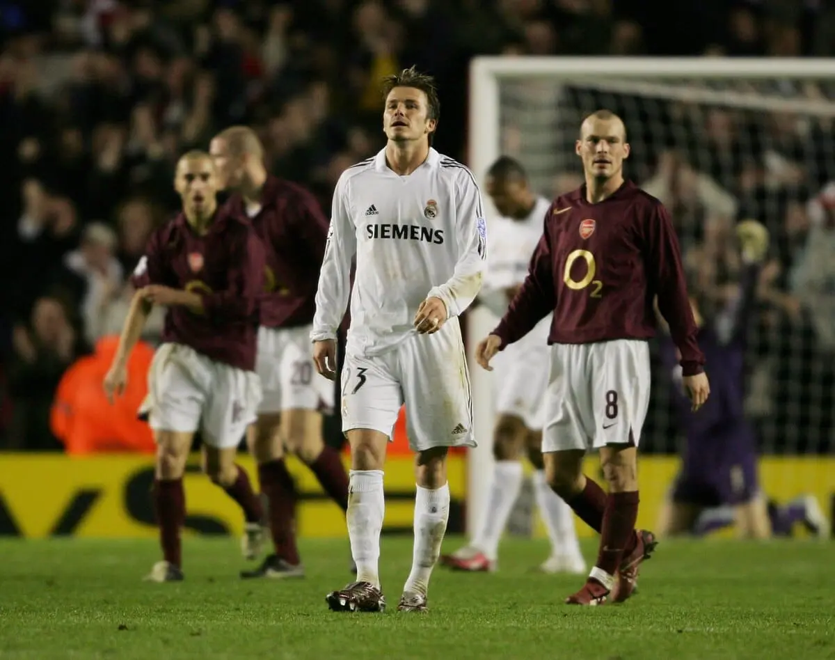 LONDON - MARCH 08: Despair for David Beckham of Real Madrid as they are knocked out following the UEFA Champions League Round of 16, Second Leg match between Arsenal and Real Madrid at Highbury Stadium on March 8, 2006 in London, England. (Photo by Shaun Botterill/Getty Images).