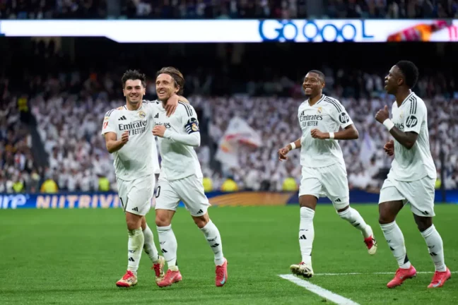 Modric et ses coéquipiers du Real Madrid en février dernier (Photo by Angel Martinez/Getty Images).