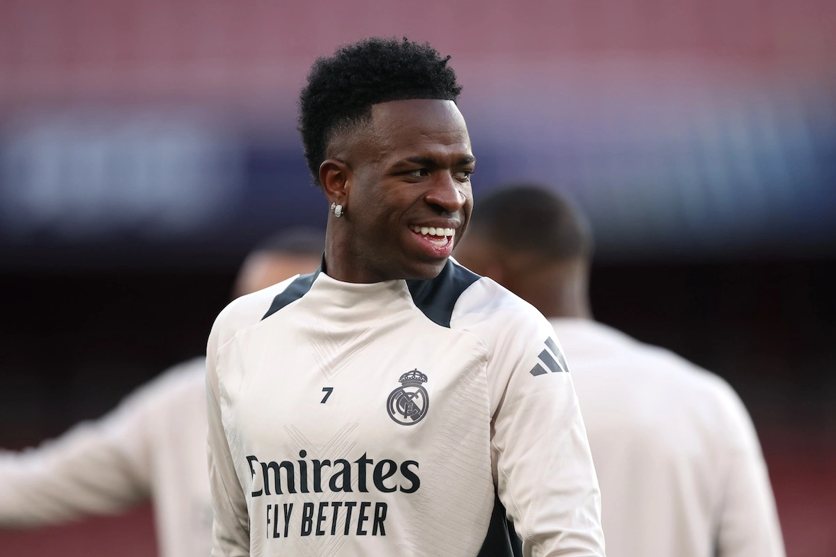 LONDON, ENGLAND - APRIL 07: Vinicius Junior of Real Madrid reacts during a training session ahead of their UEFA Champions League 2024/25 quarter final first leg match at Sobha Realty Training Centre on April 07, 2025 in London Colney, England. (Photo by Alex Davidson/Getty Images)