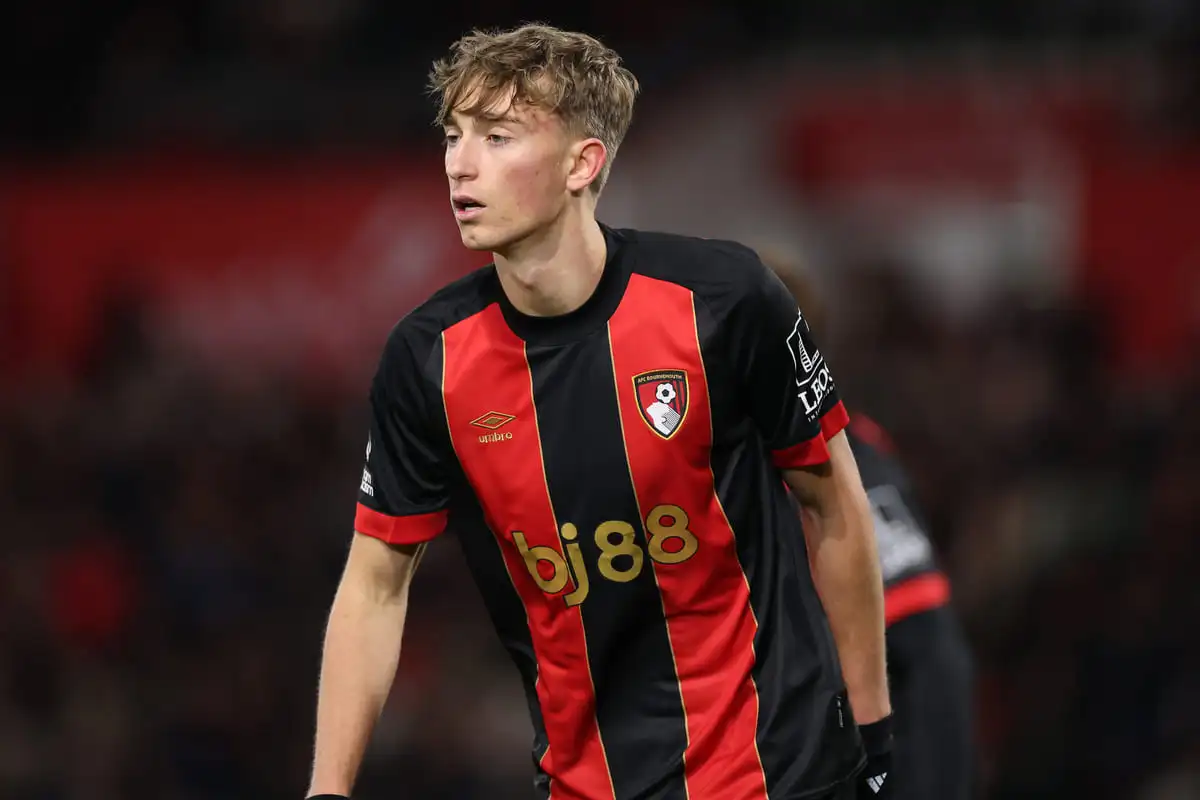 BOURNEMOUTH, ENGLAND - JANUARY 04: Dean Huijsen of AFC Bournemouth during the Premier League match between AFC Bournemouth and Everton FC at Vitality Stadium on January 04, 2025 in Bournemouth, England. (Photo by Michael Steele/Getty Images)