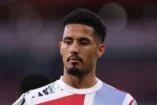 LONDON, ENGLAND - APRIL 23: William Saliba of Arsenal reacts during the Premier League match between Arsenal FC and Crystal Palace FC at Emirates Stadium on April 23, 2025 in London, England. (Photo by Ryan Pierse/Getty Images).