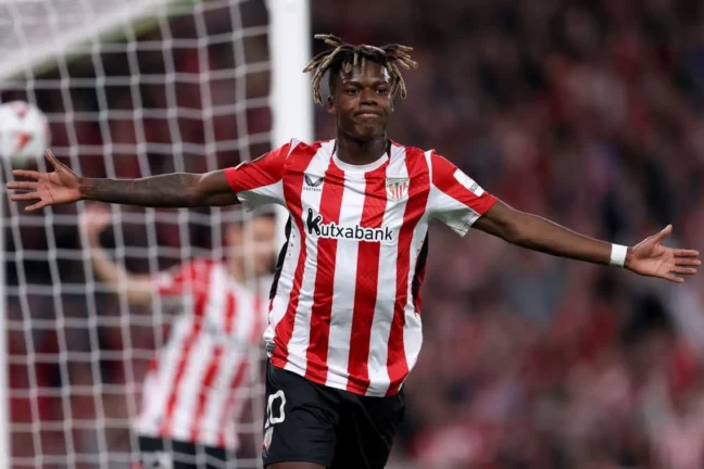 BILBAO, SPAIN - APRIL 17: Nico Williams of Athletic Club celebrates scoring his team's second goal during the UEFA Europa League 2024/25 Quarter Final Second Leg match between Athletic Club and Rangers FC at Estadio de San Mames on April 17, 2025 in Bilbao, Spain. (Photo by Ion Alcoba Beitia/Getty Images)