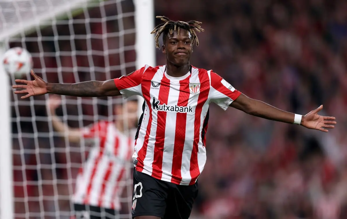 BILBAO, SPAIN - APRIL 17: Nico Williams of Athletic Club celebrates scoring his team's second goal during the UEFA Europa League 2024/25 Quarter Final Second Leg match between Athletic Club and Rangers FC at Estadio de San Mames on April 17, 2025 in Bilbao, Spain. (Photo by Ion Alcoba Beitia/Getty Images)