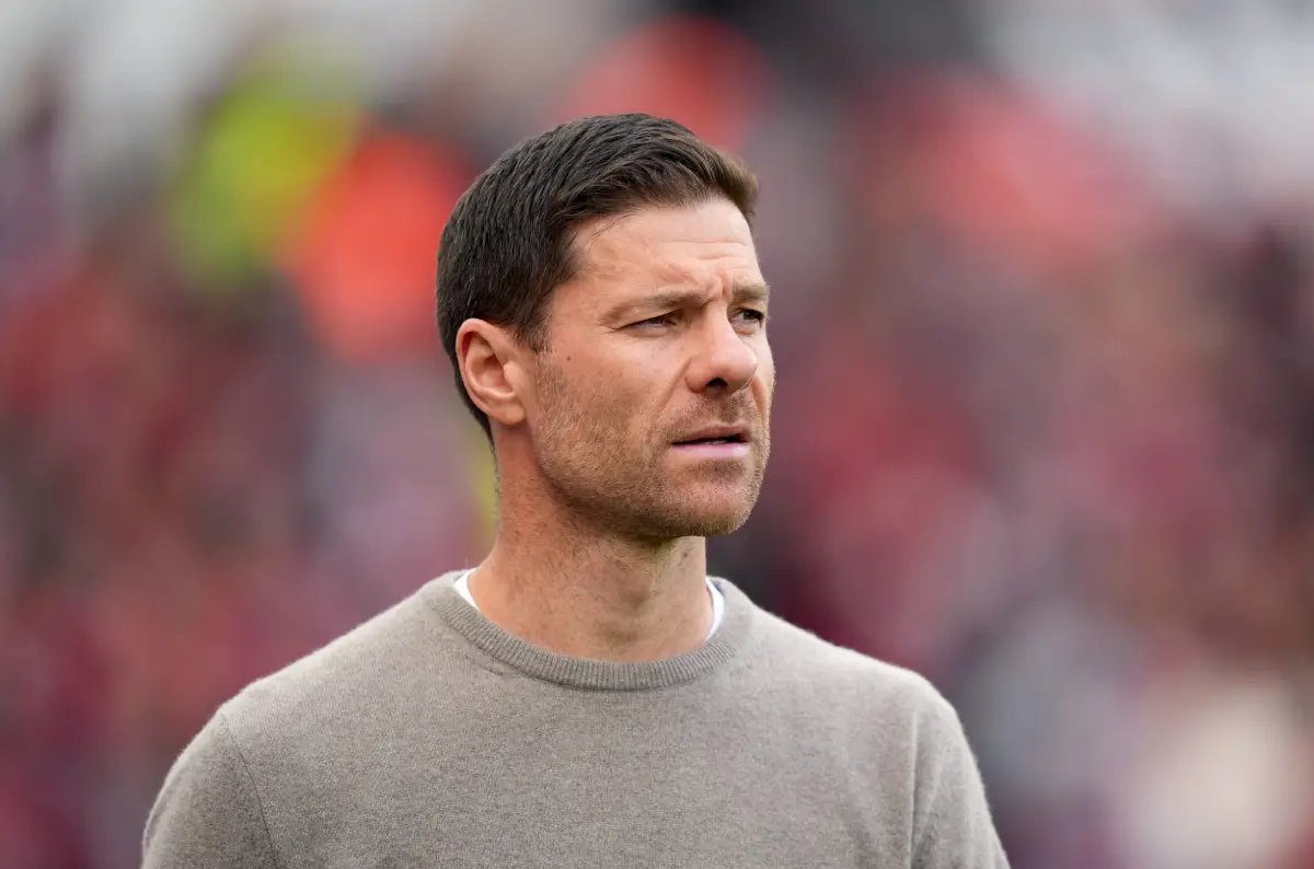 LEVERKUSEN, GERMANY - OCTOBER 19: Xabi Alonso, Head Coach of Bayer 04 Leverkusen, looks on prior to the Bundesliga match between Bayer 04 Leverkusen and Eintracht Frankfurt at BayArena on October 19, 2024 in Leverkusen, Germany. (Photo by Pau Barrena/Getty Images)