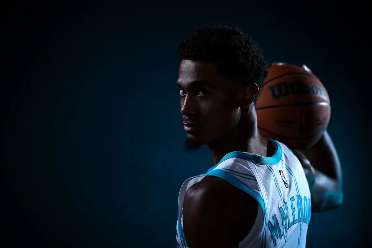 CHARLOTTE, NORTH CAROLINA - OCTOBER 02: Théo Maledon #9 of the Charlotte Hornets poses for a portrait during Charlotte Hornets Media Day at Spectrum Center on October 02, 2023 in Charlotte, North Carolina. NOTE TO USER: User expressly acknowledges and agrees that, by downloading and or using this photograph, User is consenting to the terms and conditions of the Getty Images License Agreement. (Photo by Jared C. Tilton/Getty Images)