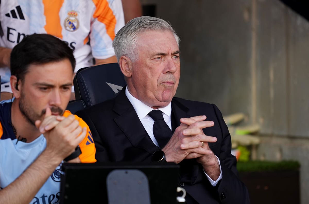 BARCELONA, SPAIN - MAY 11: Carlo Ancelotti, Head Coach of Real Madrid, looks on prior to the LaLiga match between FC Barcelona and Real Madrid CF at Estadi Olimpic Lluis Companys on May 11, 2025 in Barcelona, Spain. (Photo by Alex Caparros/Getty Images)