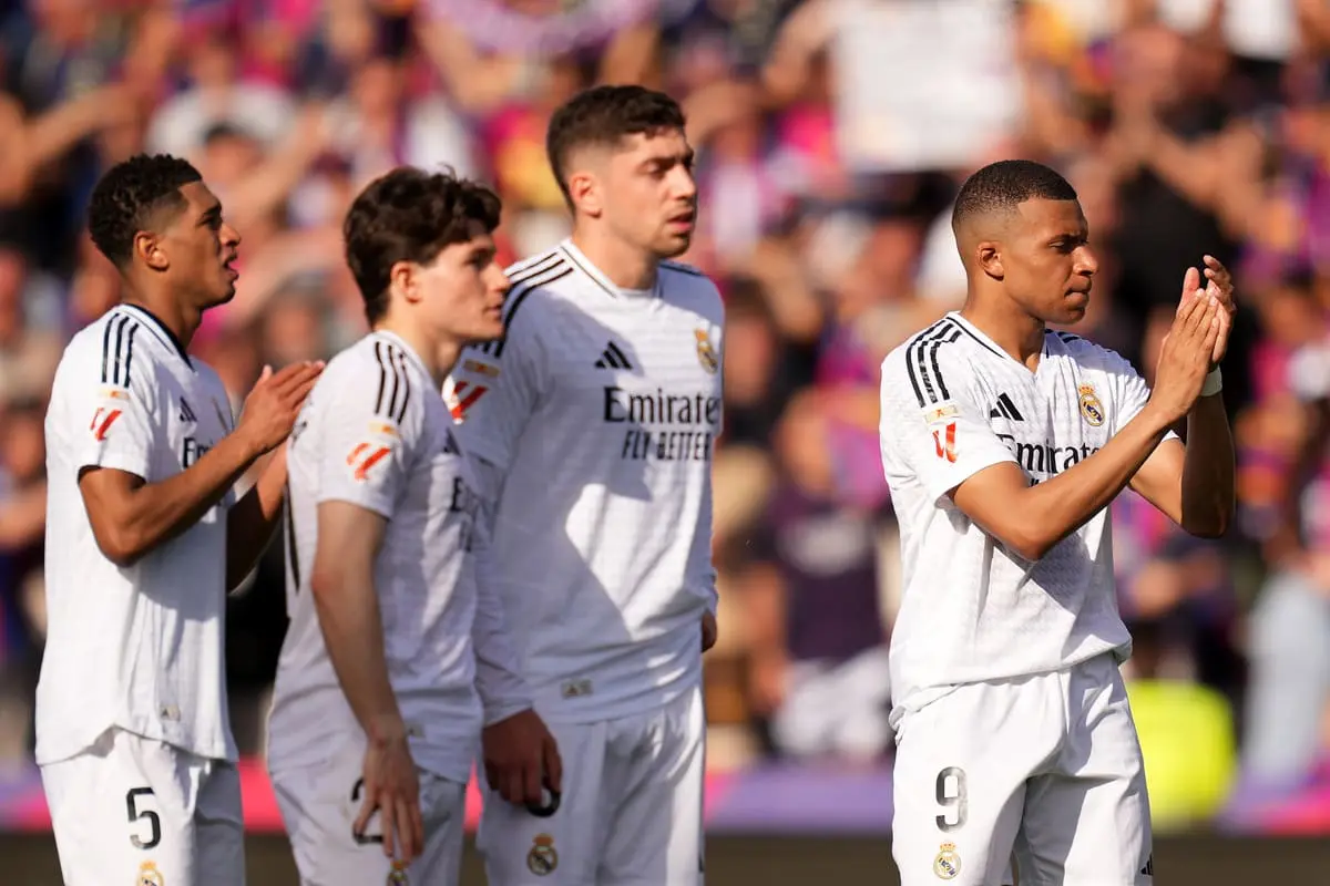 BARCELONA, SPAIN - MAY 11: Kylian Mbappe of Real Madrid applauds the fans following the team's defeat during the LaLiga match between FC Barcelona and Real Madrid CF at Estadi Olimpic Lluis Companys on May 11, 2025 in Barcelona, Spain. (Photo by Alex Caparros/Getty Images)