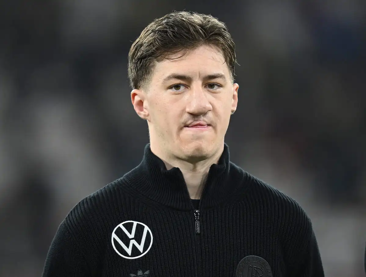 DORTMUND, GERMANY - MARCH 23: Angelo Stiller of Germany looks on prior to the UEFA Nations League Quarterfinal Leg Two match between Germany and Italy at Football Stadium Dortmund on March 23, 2025 in Dortmund, Germany. (Photo by Stuart Franklin/Getty Images).