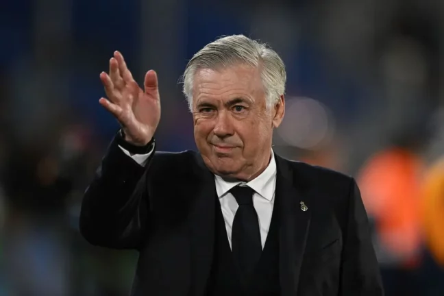 GETAFE, SPAIN - APRIL 23: Carlo Ancelotti, Head Coach of Real Madrid, gestures during the LaLiga match between Getafe CF and Real Madrid CF at Coliseum Alfonso Perez on April 23, 2025 in Getafe, Spain. (Photo by Denis Doyle/Getty Images)