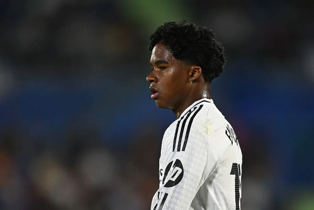 GETAFE, SPAIN - APRIL 23: Endrick of Real Madrid looks on during the LaLiga match between Getafe CF and Real Madrid CF at Coliseum Alfonso Perez on April 23, 2025 in Getafe, Spain. (Photo by Denis Doyle/Getty Images).