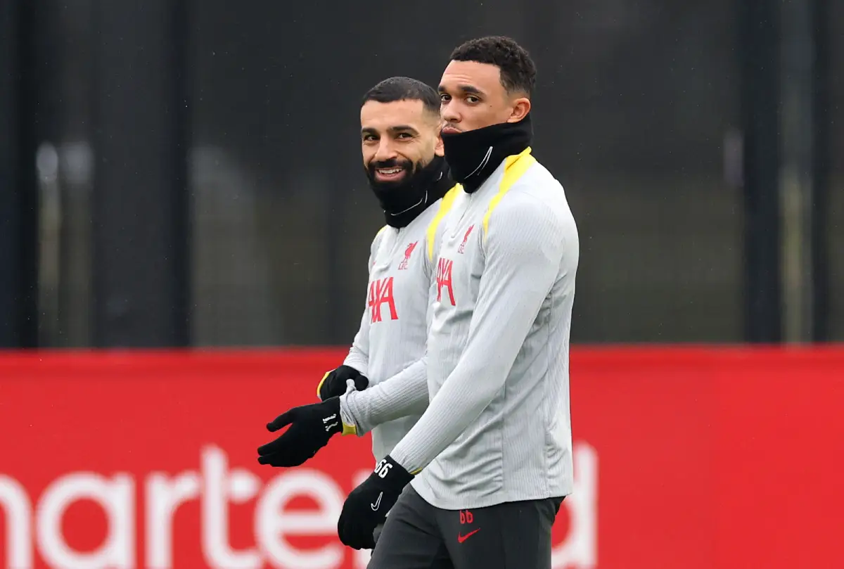LIVERPOOL, ENGLAND - JANUARY 20: Mohamed Salah and Trent Alexander-Arnold of Liverpool look on during the UEFA Champions League 2024/25 League Phase MD7 training session at AXA Melwood Training Centre on January 20, 2025 in Liverpool, England. (Photo by Carl Recine/Getty Images)
