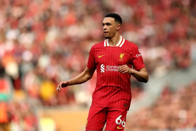 LIVERPOOL, ENGLAND - MARCH 08: Trent Alexander-Arnold of Liverpool during the Premier League match between Liverpool FC and Southampton FC at Anfield on March 08, 2025 in Liverpool, England. (Photo by Carl Recine/Getty Images)