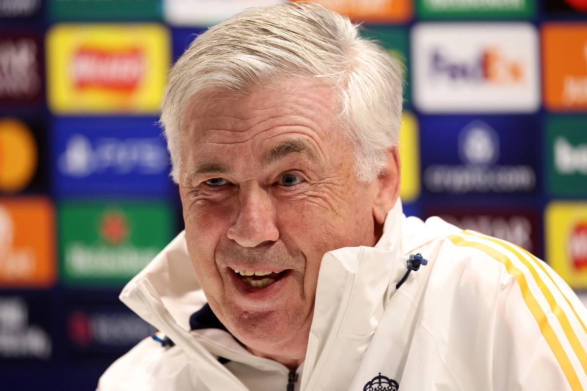 LONDON, ENGLAND - APRIL 07: Carlo Ancelotti, Head Coach of Real Madrid, talks during a press conference ahead of their UEFA Champions League 2024/25 quarter final first leg match at Sobha Realty Training Centre on April 07, 2025 in London Colney, England. (Photo by Alex Davidson/Getty Images)