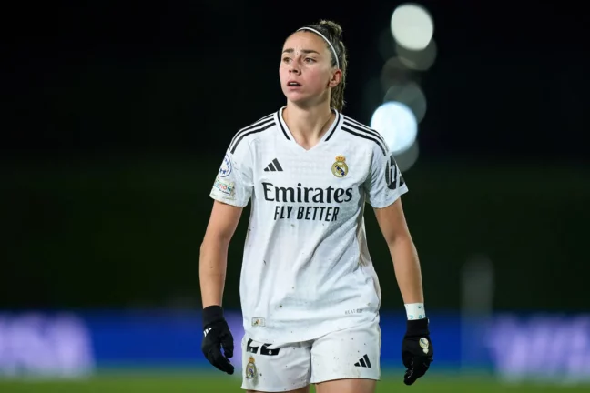 MADRID, SPAIN - MARCH 18: Athenea del Castillo of Real Madrid looks on during the UEFA Women's Champions League Quarter Finals First Leg match between Real Madrid CF and Arsenal FC at Estadio Alfredo Di Stefano on March 18, 2025 in Madrid, Spain. (Photo by Angel