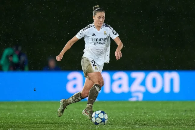MADRID, SPAIN - MARCH 18: Ingrid Angeldahl of Real Madrid controls the ball during the UEFA Women's Champions League Quarter Finals First Leg match between Real Madrid CF and Arsenal FC at Estadio Alfredo Di Stefano on March 18, 2025 in Madrid, Spain. (Photo by Angel Martinez/Getty Images).