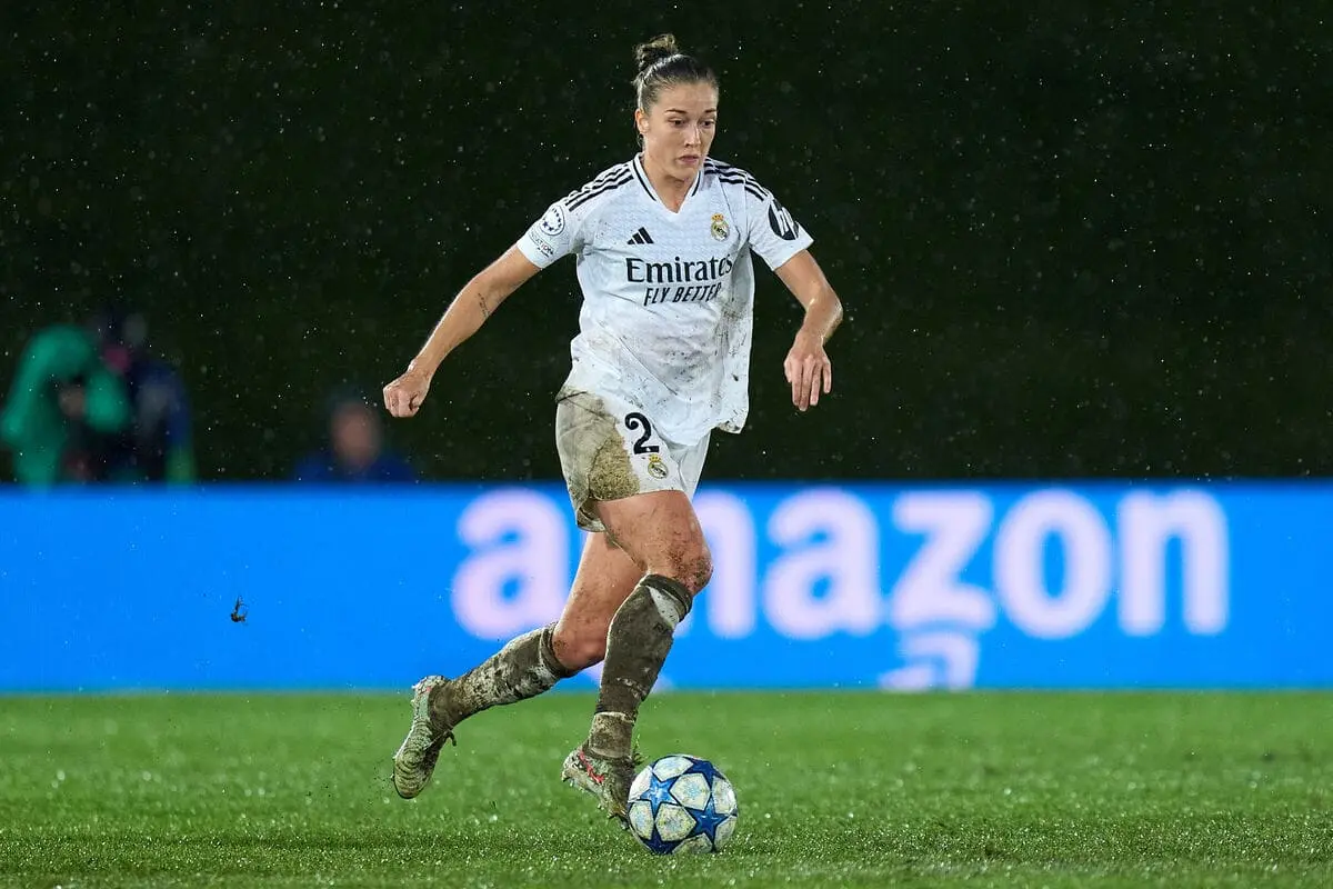MADRID, SPAIN - MARCH 18: Ingrid Angeldahl of Real Madrid controls the ball during the UEFA Women's Champions League Quarter Finals First Leg match between Real Madrid CF and Arsenal FC at Estadio Alfredo Di Stefano on March 18, 2025 in Madrid, Spain. (Photo by Angel Martinez/Getty Images).