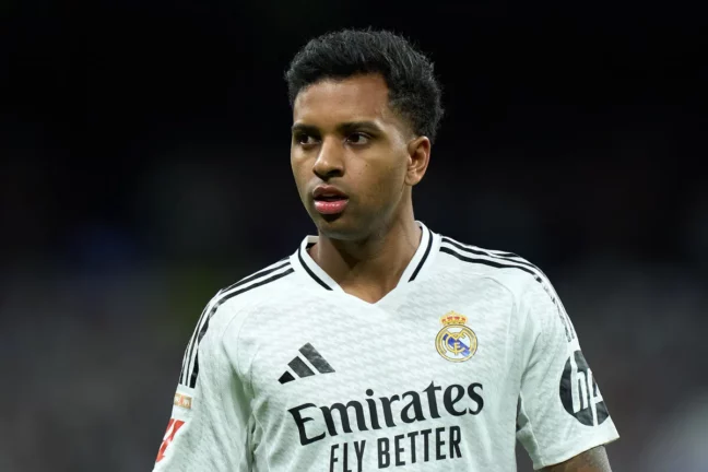 MADRID, SPAIN - MARCH 29: Rodrygo Goes of Real Madrid looks on during the LaLiga match between Real Madrid CF and CD Leganes at Estadio Santiago Bernabeu on March 29, 2025 in Madrid, Spain. (Photo by Angel Martinez/Getty Images)