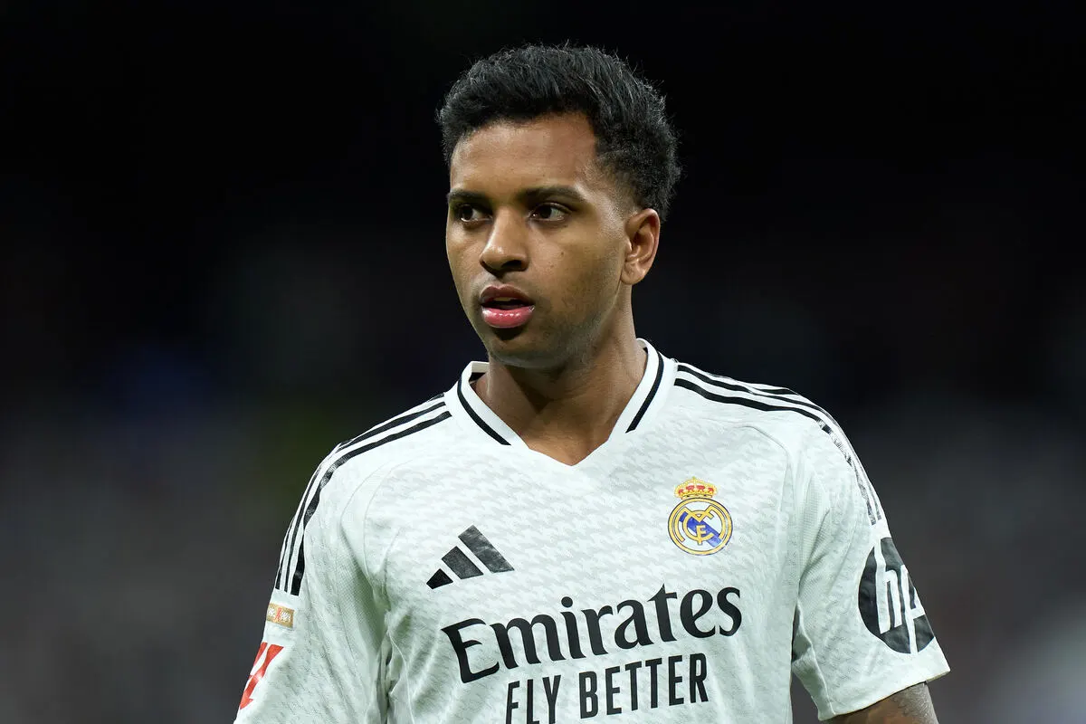 MADRID, SPAIN - MARCH 29: Rodrygo Goes of Real Madrid looks on during the LaLiga match between Real Madrid CF and CD Leganes at Estadio Santiago Bernabeu on March 29, 2025 in Madrid, Spain. (Photo by Angel Martinez/Getty Images)