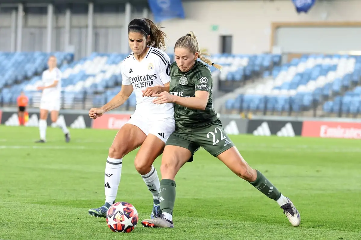 MADRID, SPAIN - OCTOBER 17: Alba Redondo of Real Madrid is challenged by Lucy Ashworth-Clifford of Celtic during the UEFA Women's Champions League match between Real Madrid CF and Celtic FC at Estadio Alfredo Di Stefano on October 17, 2024 in Madrid, Spain. (Photo by Florencia Tan Jun/Getty Images)