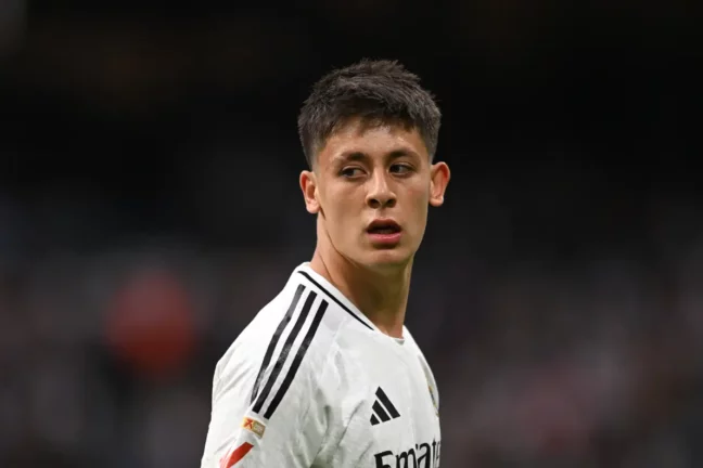 MADRID, SPAIN - MAY 04: Arda Guler of Real Madrid looks on during the LaLiga match between Real Madrid CF and RC Celta de Vigo at Estadio Santiago Bernabeu on May 04, 2025 in Madrid, Spain. (Photo by Denis Doyle/Getty Images)
