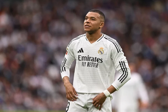 MADRID, SPAIN - MAY 04: Kylian Mbappe of Real Madrid looks on during the LaLiga match between Real Madrid CF and RC Celta de Vigo at Estadio Santiago Bernabeu on May 04, 2025 in Madrid, Spain. (Photo by Denis Doyle/Getty Images)
