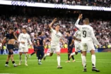 MADRID, SPAIN - MAY 04: Arda Gueler of Real Madrid celebrates scoring his team's first goal with teammate Kylian Mbappe during the LaLiga match between Real Madrid CF and RC Celta de Vigo at Estadio Santiago Bernabeu on May 04, 2025 in Madrid, Spain. (Photo by Denis Doyle/Getty Images)