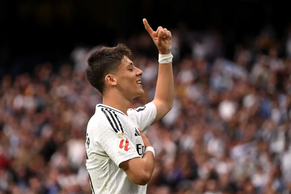 MADRID, SPAIN - MAY 04: Arda Gueler of Real Madrid celebrates scoring his team's first goal during the LaLiga match between Real Madrid CF and RC Celta de Vigo at Estadio Santiago Bernabeu on May 04, 2025 in Madrid, Spain. (Photo by Denis Doyle/Getty Images).