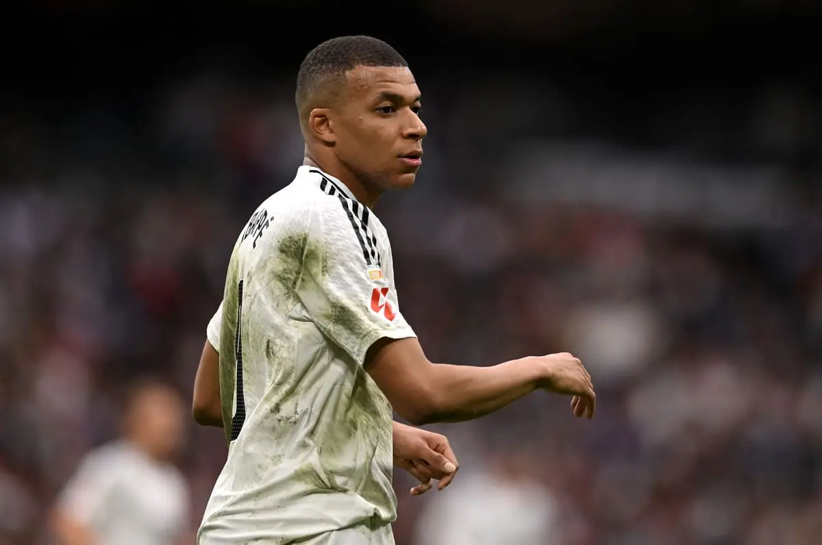 MADRID, SPAIN - MAY 04: Kylian Mbappe of Real Madrid looks on during the LaLiga match between Real Madrid CF and RC Celta de Vigo at Estadio Santiago Bernabeu on May 04, 2025 in Madrid, Spain. (Photo by Denis Doyle/Getty Images)