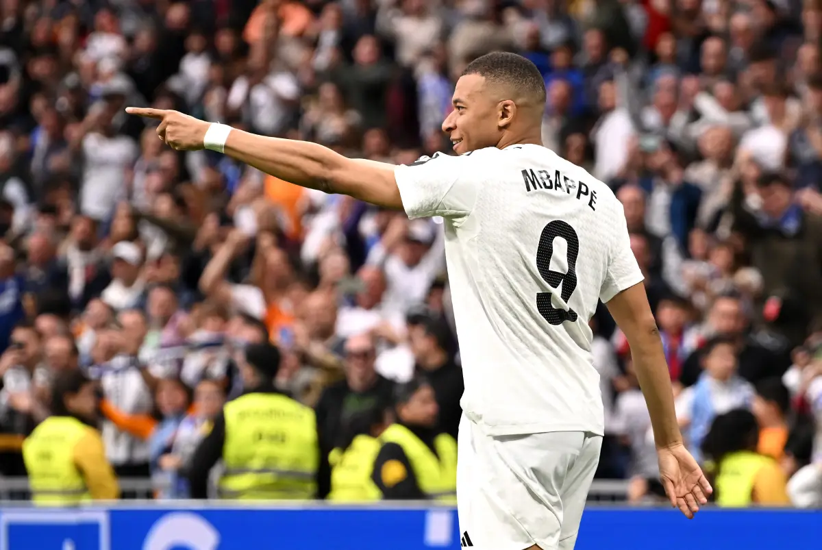 MADRID, SPAIN - MAY 04: Kylian Mbappe of Real Madrid celebrates scoring his team's third goal during the LaLiga match between Real Madrid CF and RC Celta de Vigo at Estadio Santiago Bernabeu on May 04, 2025 in Madrid, Spain. (Photo by Denis Doyle/Getty Images)