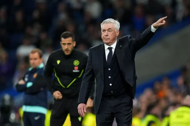 MADRID, SPAIN - MAY 14: Carlo Ancelotti, Head Coach of Real Madrid, reacts during the LaLiga match between Real Madrid CF and RCD Mallorca at Estadio Santiago Bernabeu on May 14, 2025 in Madrid, Spain. (Photo by Angel Martinez/Getty Images)