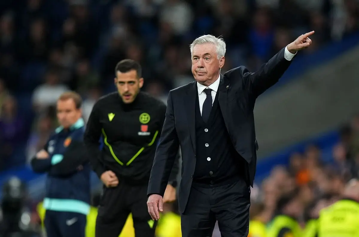 MADRID, SPAIN - MAY 14: Carlo Ancelotti, Head Coach of Real Madrid, reacts during the LaLiga match between Real Madrid CF and RCD Mallorca at Estadio Santiago Bernabeu on May 14, 2025 in Madrid, Spain. (Photo by Angel Martinez/Getty Images)