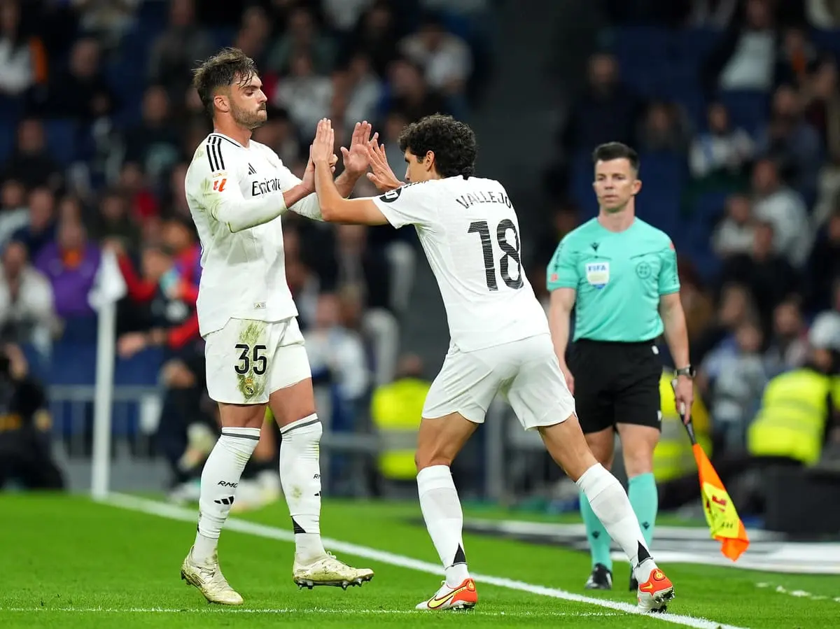 MADRID, SPAIN - MAY 14: Jesus Vallejo of Real Madrid enters the pitch as substitute to replace team mate Raul Asencio during the LaLiga match between Real Madrid CF and RCD Mallorca at Estadio Santiago Bernabeu on May 14, 2025 in Madrid, Spain. (Photo by Angel Martinez/Getty Images)