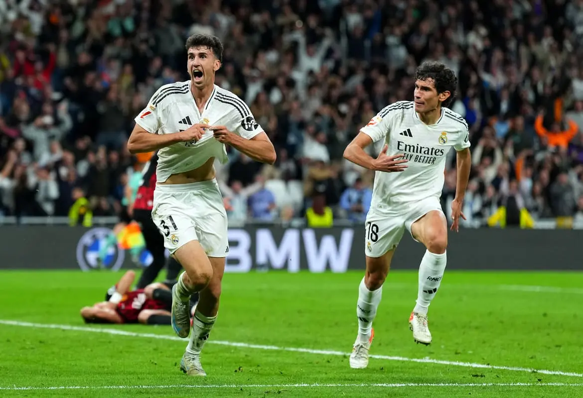 MADRID, SPAIN - MAY 14: Jacobo Ramon of Real Madrid celebrates scoring his team's second goal during the LaLiga match between Real Madrid CF and RCD Mallorca at Estadio Santiago Bernabeu on May 14, 2025 in Madrid, Spain. (Photo by Angel Martinez/Getty Images)