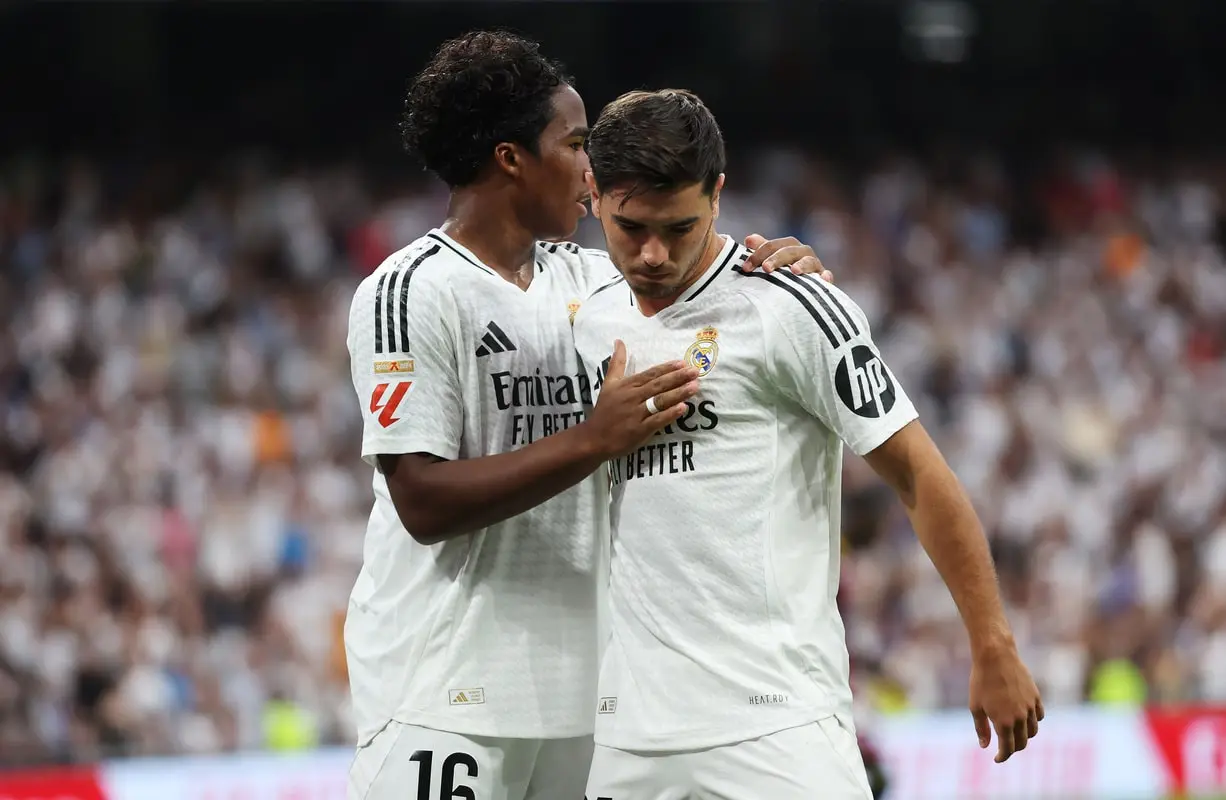 MADRID, SPAIN - AUGUST 25: Brahim Diaz of Real Madrid celebrates scoring his team's second goal with teammate Endrick during the La Liga match between Real Madrid CF and Real Valladolid CF at Estadio Santiago Bernabeu on August 25, 2024 in Madrid, Spain. (Photo by Florencia Tan Jun/Getty Images)