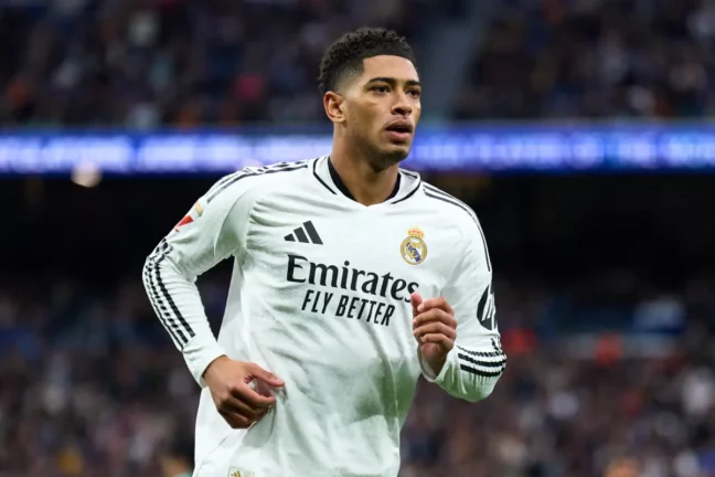 MADRID, SPAIN - JANUARY 19: Jude Bellingham of Real Madrid looks on during the LaLiga match between Real Madrid CF and UD Las Palmas at Estadio Santiago Bernabeu on January 19, 2025 in Madrid, Spain. (Photo by Angel Martinez/Getty Images)