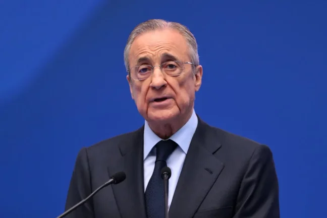 MADRID, SPAIN - JULY 16: Florentino Perez Rodriguez, President of Real Madrid speaks as Real Madrid new signing, Kylian Mbappe is unveiled at Estadio Santiago Bernabeu on July 16, 2024 in Madrid, Spain. (Photo by David Ramos/Getty Images).