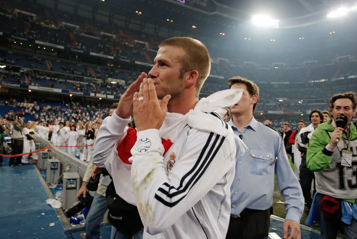 MADRID, SPAIN - JUNE 17: David Beckham of Real Madrid celebrates after Real won the Primera Liga after the Primera Liga match between Real Madrid and Mallorca at the Santiago Bernabeu stadium on June 17, 2007 in Madrid, Spain. (Photo by Denis Doyle/Getty Images)
